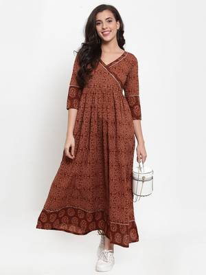 Brown printed cotton maxi-dresses 5