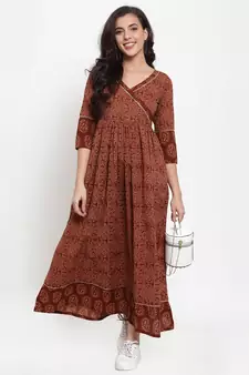Brown printed cotton maxi-dresses