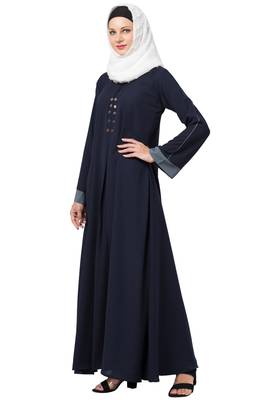 MRC Women A-line Casual abaya with piping work-Blue 3
