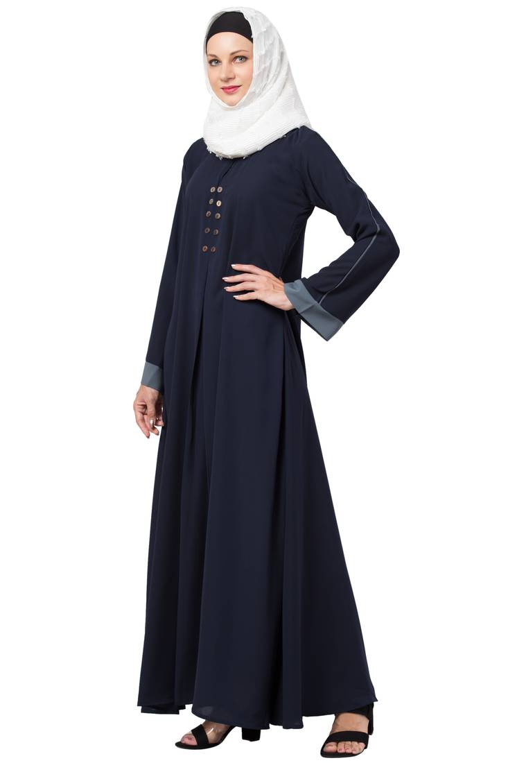 MRC Women A-line Casual abaya with piping work-Blue