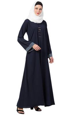 MRC Women A-line Casual abaya with piping work-Blue 4
