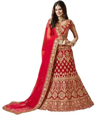 Red Embroidered tafeta Satin  Semi Stitched Lehenga Choli 1