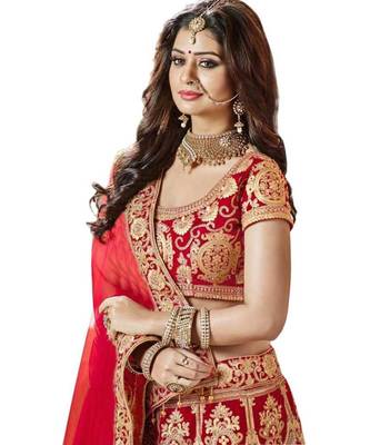 Red Embroidered tafeta Satin  Semi Stitched Lehenga Choli 2
