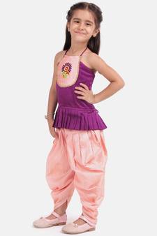 Purple Hand Embroidered Grecian Neck Top Dhoti