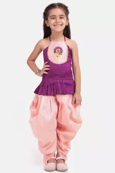Purple Hand Embroidered Grecian Neck Top Dhoti