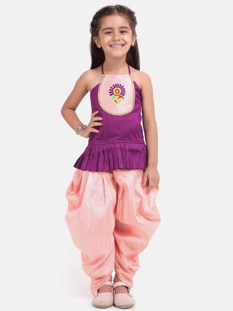 Purple Hand Embroidered Grecian Neck Top Dhoti