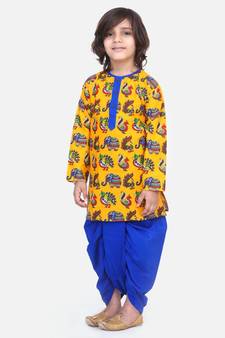Yellow Printed Full Sleeve Cotton Kurta Dhoti