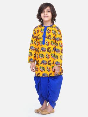 Yellow Printed Full Sleeve Cotton Kurta Dhoti 1