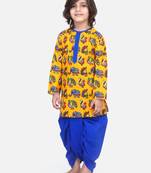 Yellow Printed Full Sleeve Cotton Kurta Dhoti