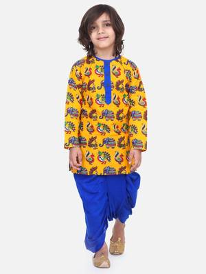 Yellow Printed Full Sleeve Cotton Kurta Dhoti 2