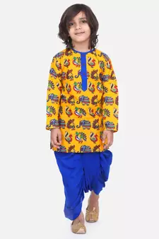 Yellow Printed Full Sleeve Cotton Kurta Dhoti
