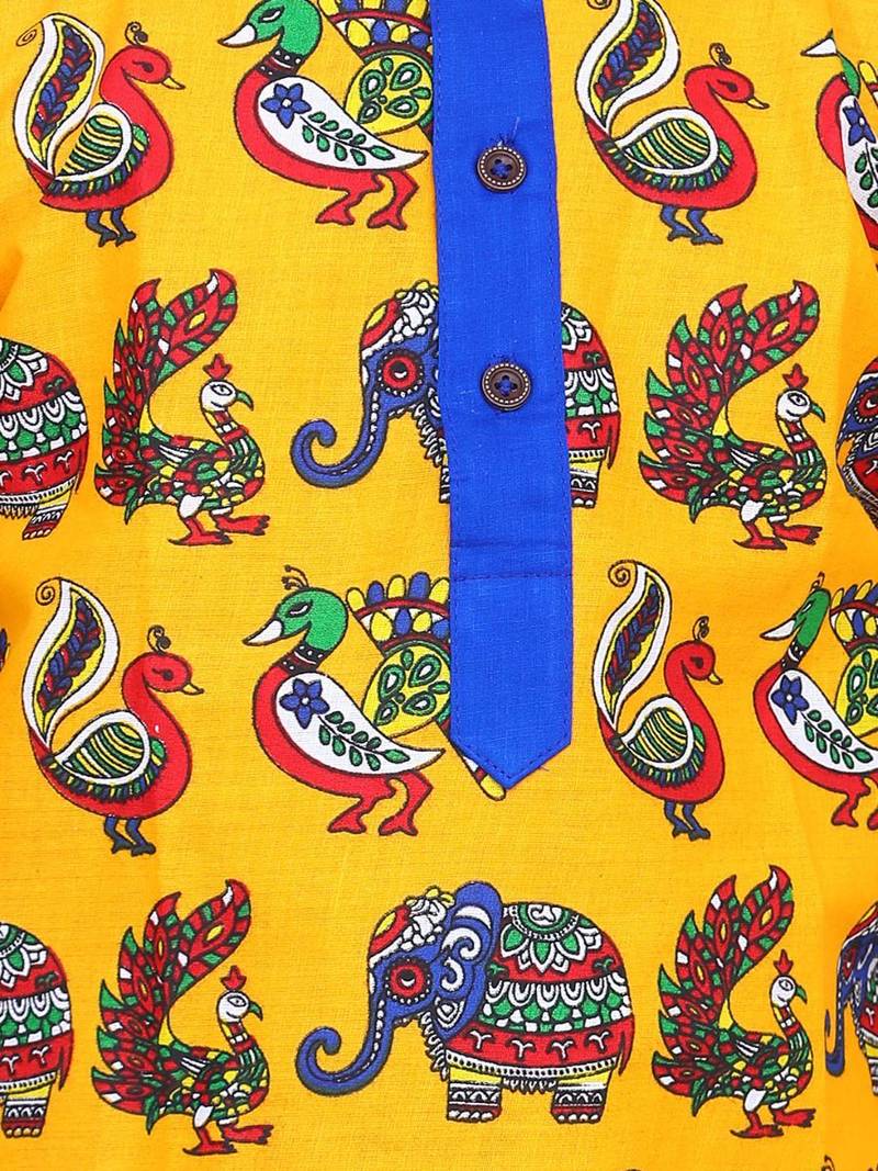 Yellow Printed Full Sleeve Cotton Kurta Dhoti