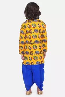 Yellow Printed Full Sleeve Cotton Kurta Dhoti
