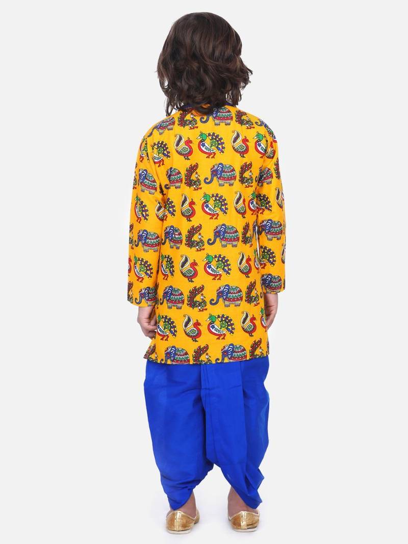 Yellow Printed Full Sleeve Cotton Kurta Dhoti