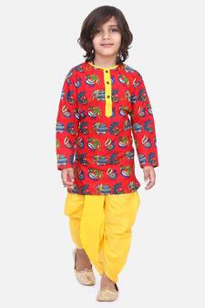 Red Printed Full Sleeve Cotton Kurta Dhoti