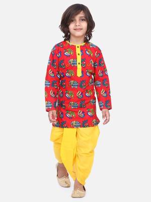 Red Printed Full Sleeve Cotton Kurta Dhoti 1