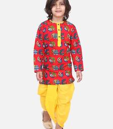 Red Printed Full Sleeve Cotton Kurta Dhoti