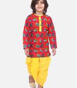 Red Printed Full Sleeve Cotton Kurta Dhoti