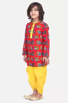 Red Printed Full Sleeve Cotton Kurta Dhoti