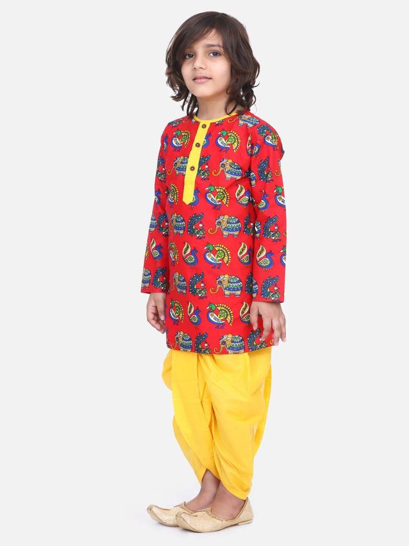 Red Printed Full Sleeve Cotton Kurta Dhoti