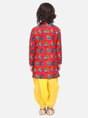 Red Printed Full Sleeve Cotton Kurta Dhoti 3