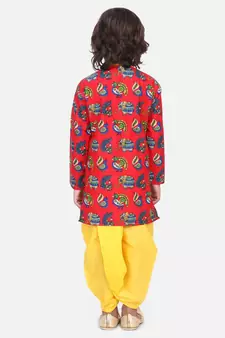 Red Printed Full Sleeve Cotton Kurta Dhoti