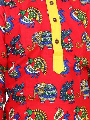Red Printed Full Sleeve Cotton Kurta Dhoti 4