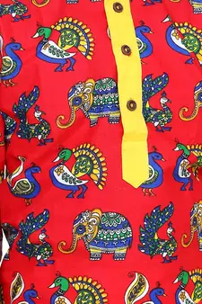 Red Printed Full Sleeve Cotton Kurta Dhoti