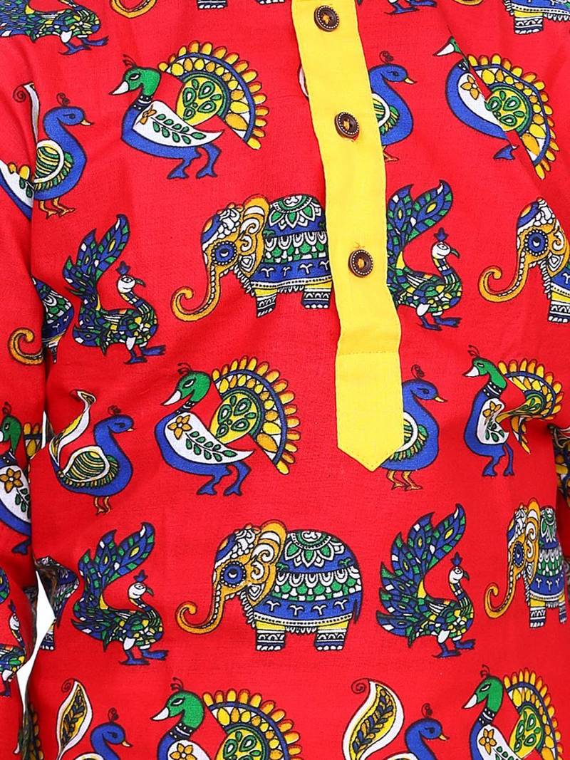 Red Printed Full Sleeve Cotton Kurta Dhoti