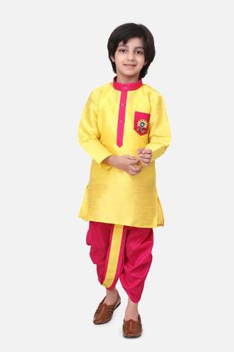 Yellow Pocket Embroidery Dhoti Kurta For Baby Boy