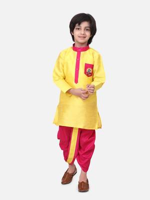 Yellow Pocket Embroidery Dhoti Kurta For Baby Boy 1