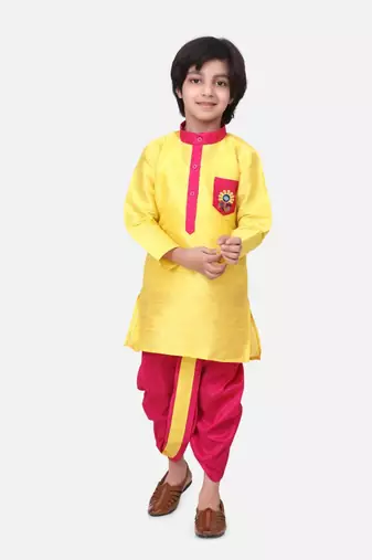 Yellow Pocket Embroidery Dhoti Kurta For Baby Boy