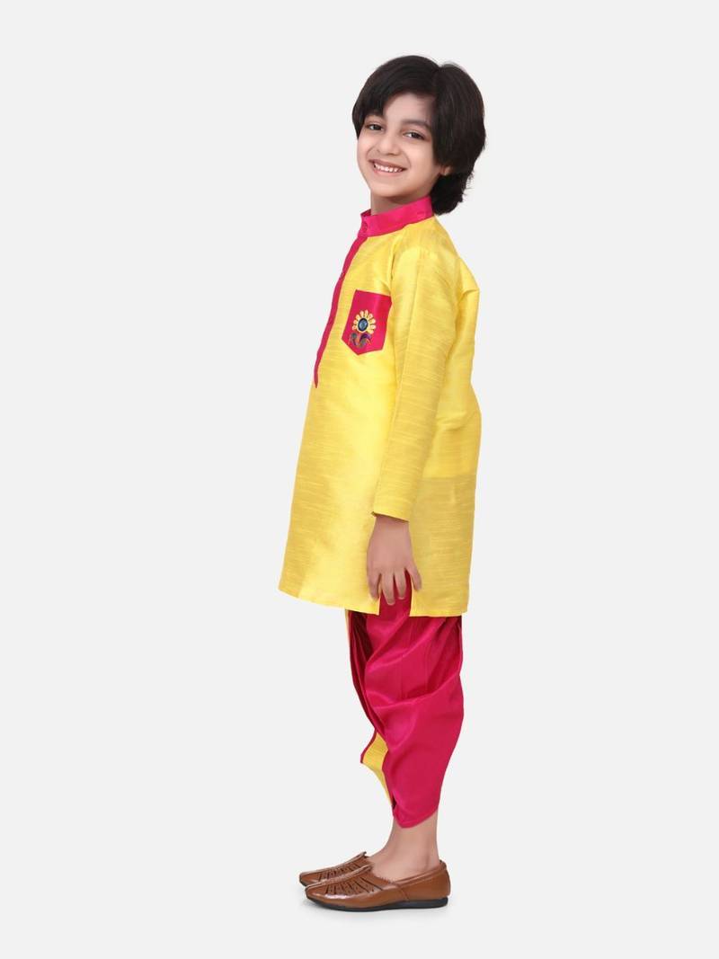 Yellow Pocket Embroidery Dhoti Kurta For Baby Boy