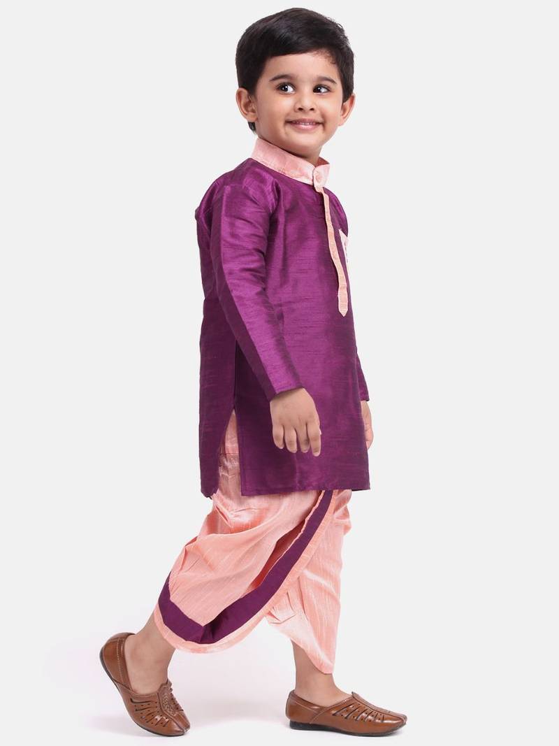 Purple Pocket Embroidery Dhoti Kurta For Baby Boy