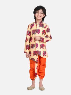Orange Hathi Print Full Sleeve Sherwani Dhoti 1