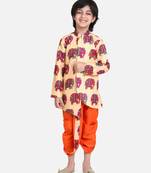 Orange Hathi Print Full Sleeve Sherwani Dhoti