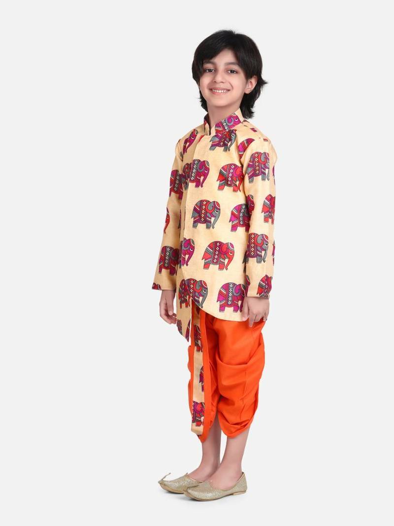 Orange Hathi Print Full Sleeve Sherwani Dhoti