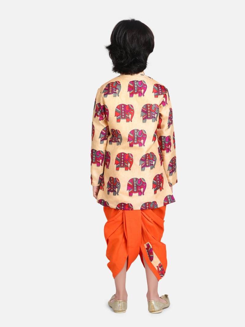 Orange Hathi Print Full Sleeve Sherwani Dhoti