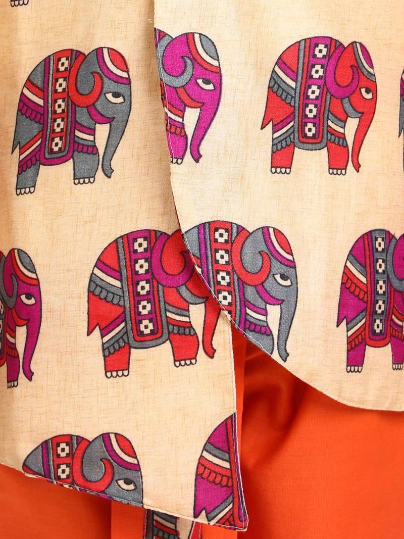 Orange Hathi Print Full Sleeve Sherwani Dhoti