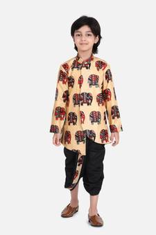 Black Hathi Print Full Sleeve Sherwani Dhoti