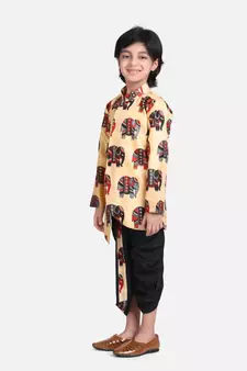 Black Hathi Print Full Sleeve Sherwani Dhoti