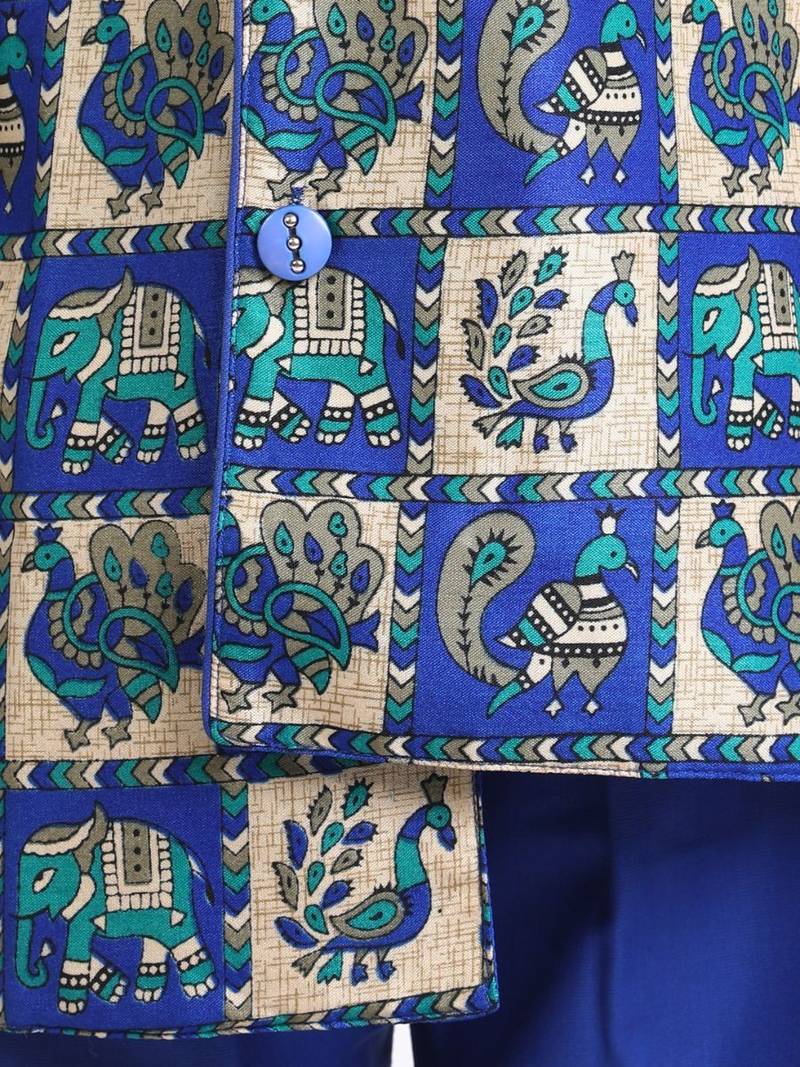 Blue Mor Print Full Sleeve Sherwani Dhoti - BownBee - 3353720