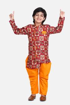 Orange Mor Print Full Sleeve Sherwani Dhoti
