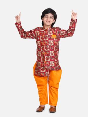 Orange Mor Print Full Sleeve Sherwani Dhoti 1