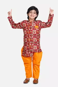 Orange Mor Print Full Sleeve Sherwani Dhoti