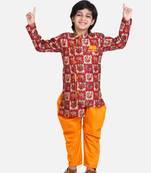 Orange Mor Print Full Sleeve Sherwani Dhoti