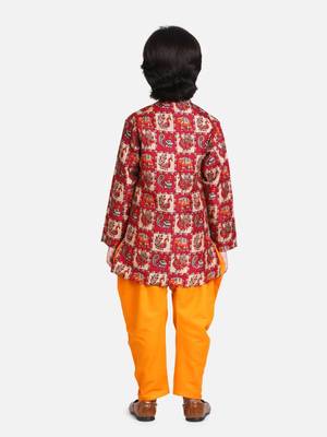 Orange Mor Print Full Sleeve Sherwani Dhoti 2