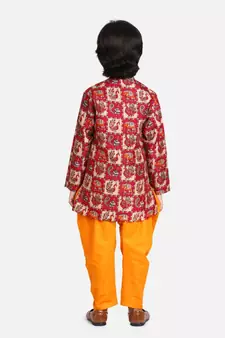 Orange Mor Print Full Sleeve Sherwani Dhoti