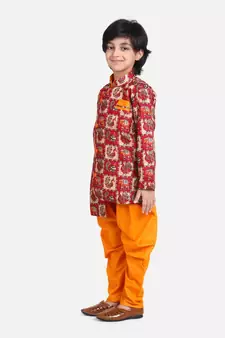 Orange Mor Print Full Sleeve Sherwani Dhoti