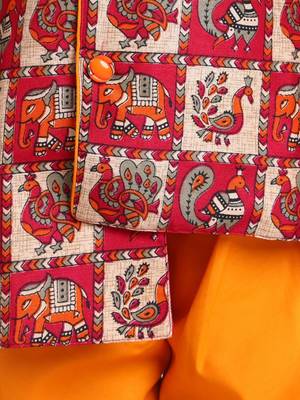 Orange Mor Print Full Sleeve Sherwani Dhoti 4
